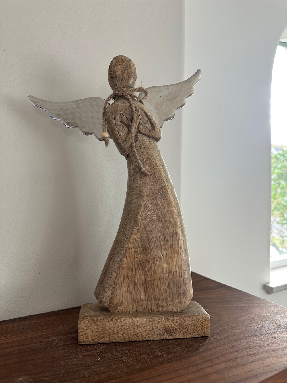 13” Mango Wood Angel Figurine with Hammered Metal Wings - Rustic Decor